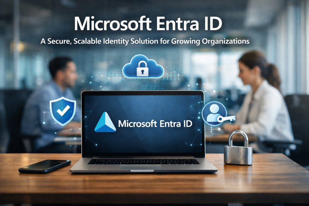 Office environment with employees using laptops securely, illustrating Microsoft Entra ID managing identities and access in a modern workplace.