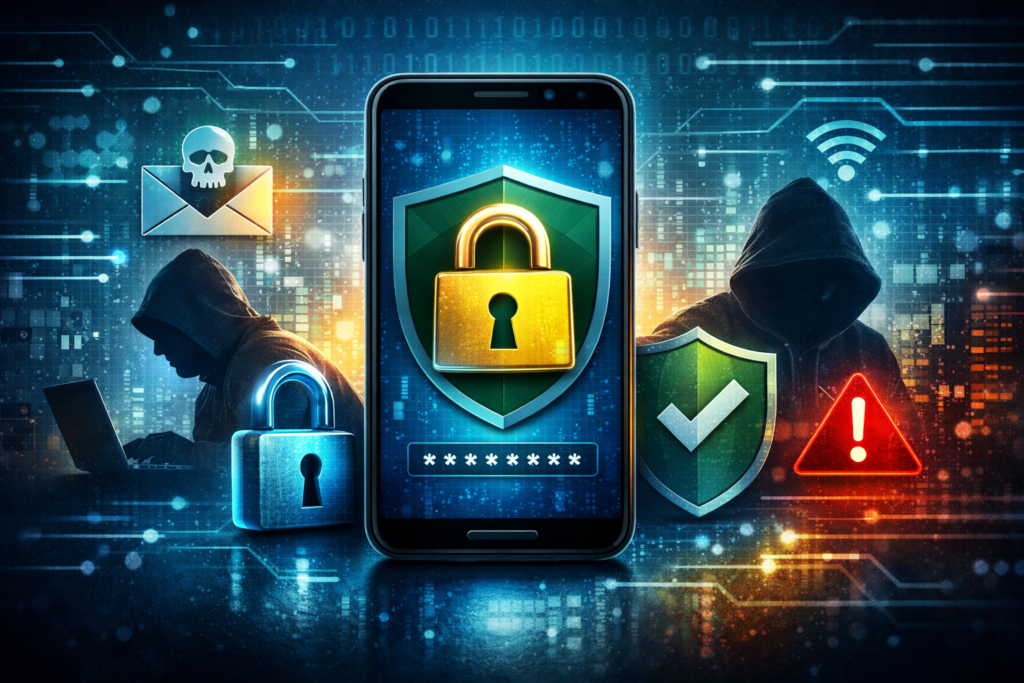 Mobile Messaging Security concept showing a smartphone with a lock and shield icons protecting messages from hackers and cyber threats in a digital network background.