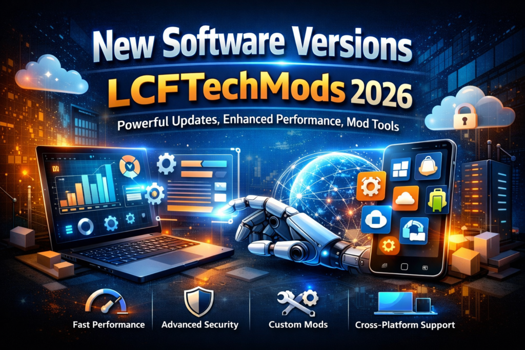Illustration showing New Software Versions LCFTechMods 2026 updates with faster performance, enhanced user interface, security features, and cross-platform software tools.