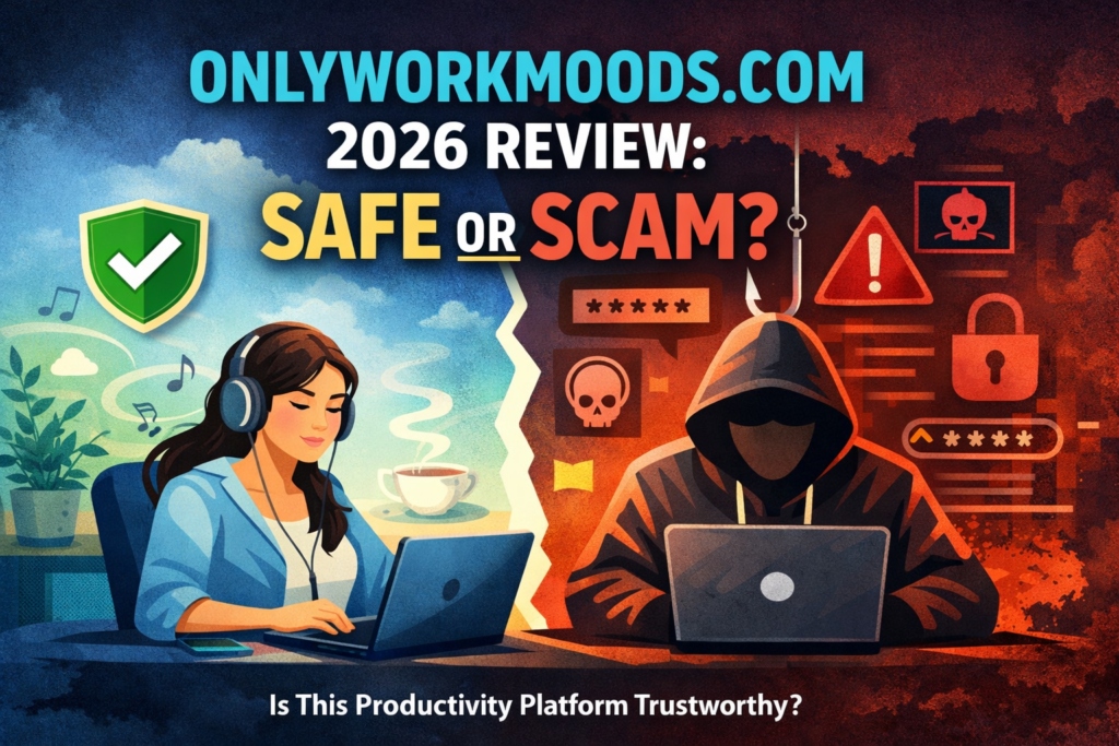 Onlyworkmoods Com productivity dashboard concept showing mood-based work focus, digital workspace setup, and remote productivity environment in modern office setting.