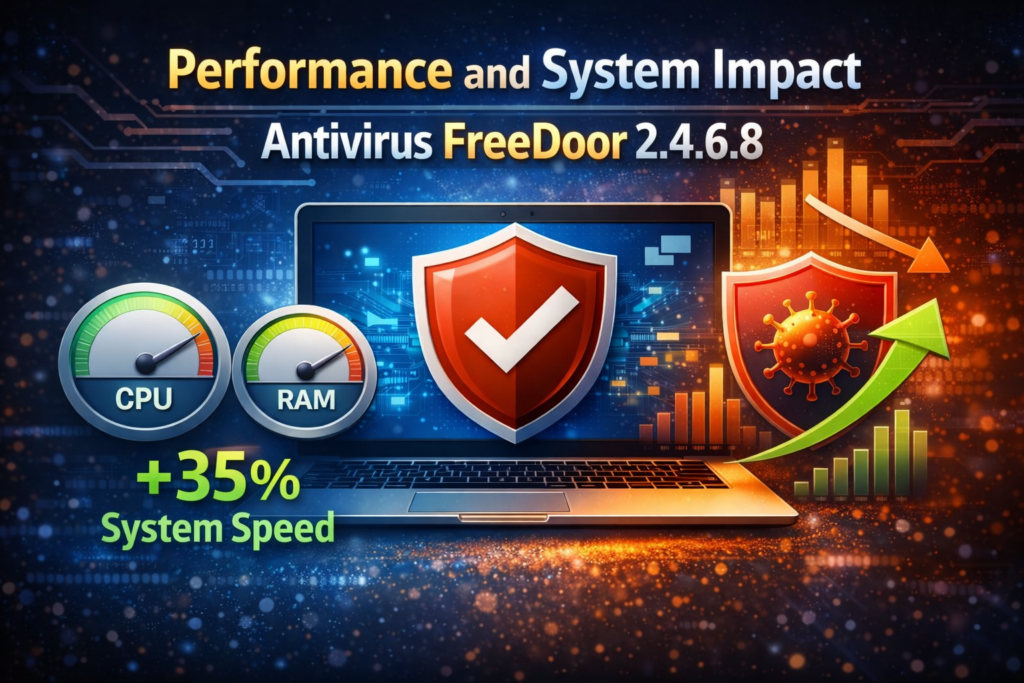 Antivirus Freedoor2.4.6.8 performance monitoring dashboard showing low CPU and RAM usage during system scanning and lightweight antivirus protection.