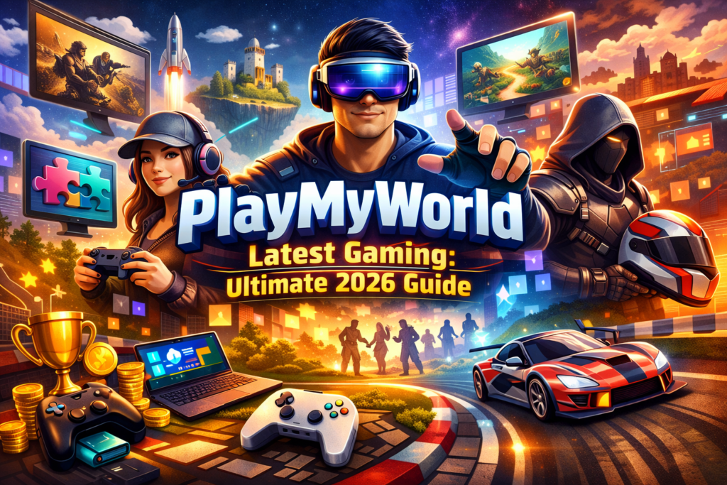 PlayMyWorld Latest Gaming feature image showing gamers, VR headset, racing game, puzzle game, and multiplayer gaming world representing the PlayMyWorld Latest Gaming platform in 2026.