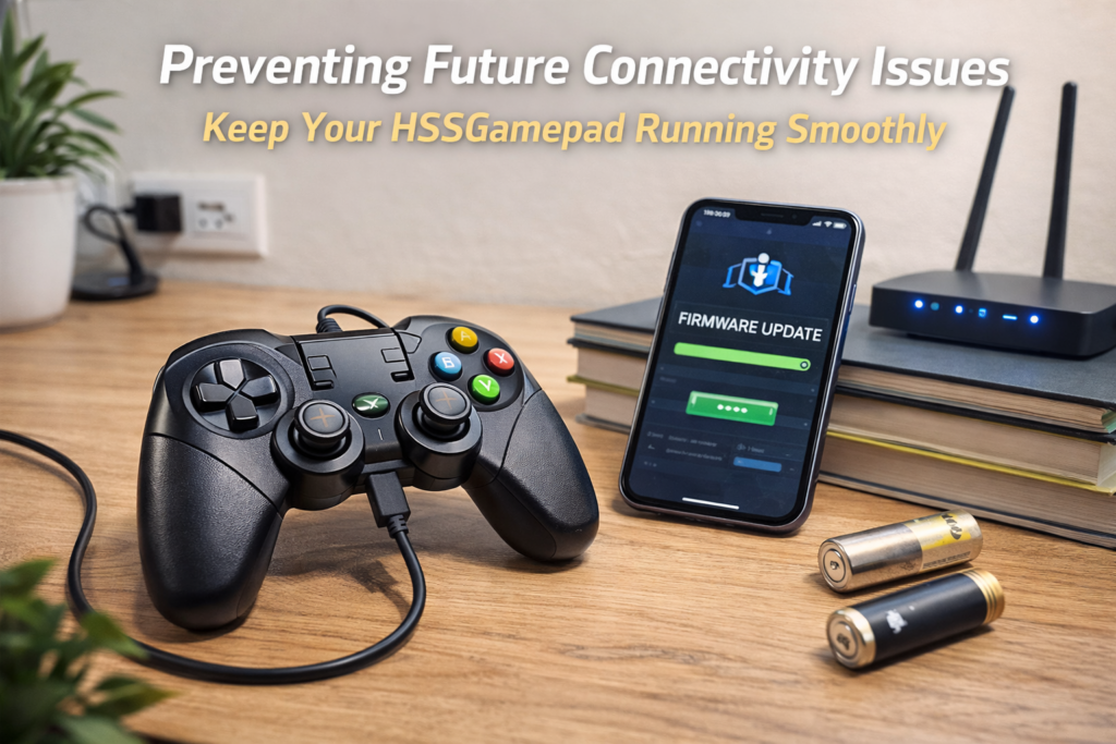 Realistic gaming setup showing a fully charged HSSGamepad, open space free of wireless interference, and firmware update notifications on a phone and PC, illustrating how to prevent Connectivity Issues HSSGamepad.