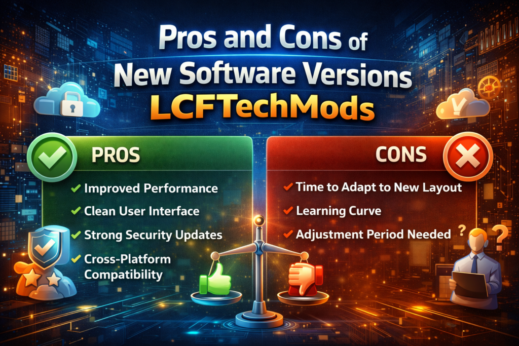 Infographic showing Pros and Cons of New Software Versions LCFTechMods, highlighting improved performance, clean interface, security updates, and the learning curve for new users.
