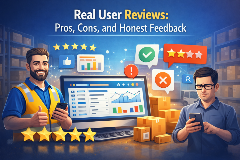 User reviews dashboard with ratings, pros and cons, and analytics representing Simple Inventory Software feedback and insights