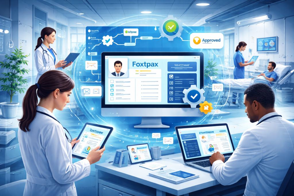 Information About Foxtpax Software: Ultimate Features & Benefits – hospital workflow automation image showing digital patient intake forms, healthcare staff collaboration, and streamlined data processing system