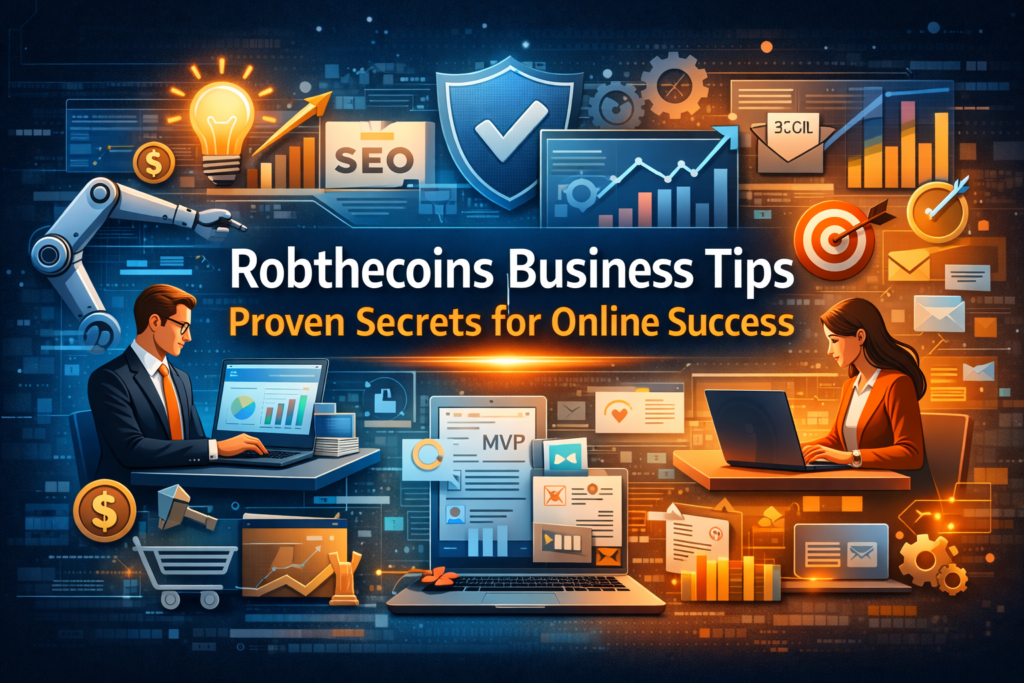 Robthecoins Business Tips feature image showing two entrepreneurs working on laptops with charts, graphs, and business icons, highlighting online success, digital strategy, and automation.