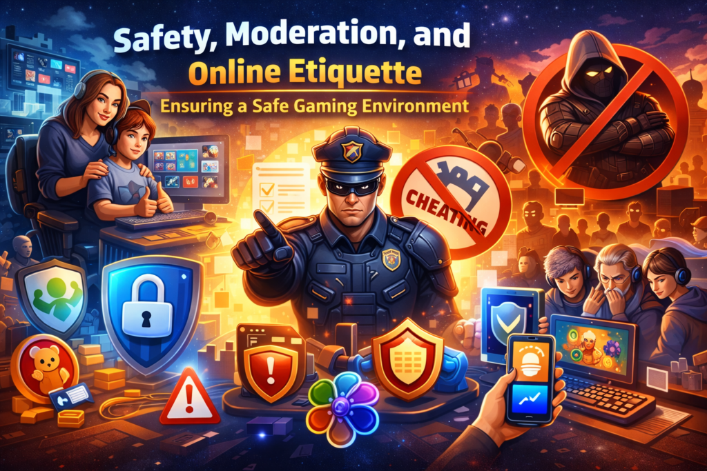 PlayMyWorld Latest Gaming safety image showing online moderation, anti-cheating measures, parental controls, and responsible gaming practices with avatars, shields, and secure gameplay icons.