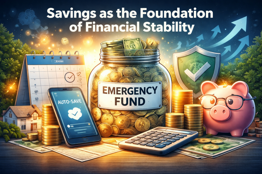Savings and emergency fund concept image showing piggy bank, stacked coins, mobile banking app, and financial stability planning strategy in 2026.