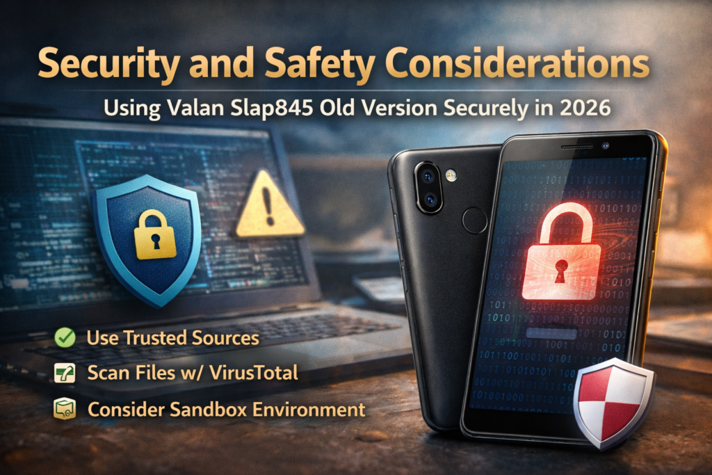 Security and Safety Considerations graphic showing Valan Slap845 Old Version smartphone with padlock, shield icons, and secure usage tips in 16:9 layout.