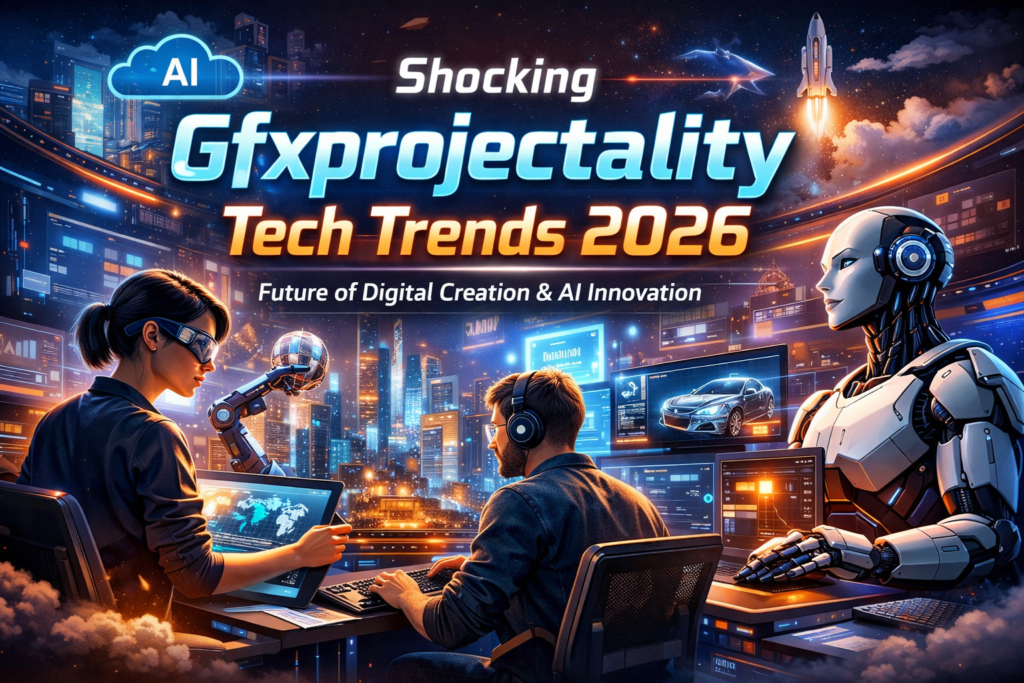 Futuristic AI workspace showing designers and developers using advanced tools, representing Gfxprojectality Tech Trends From Gfxmaker shaping digital creation and innovation in 2026.