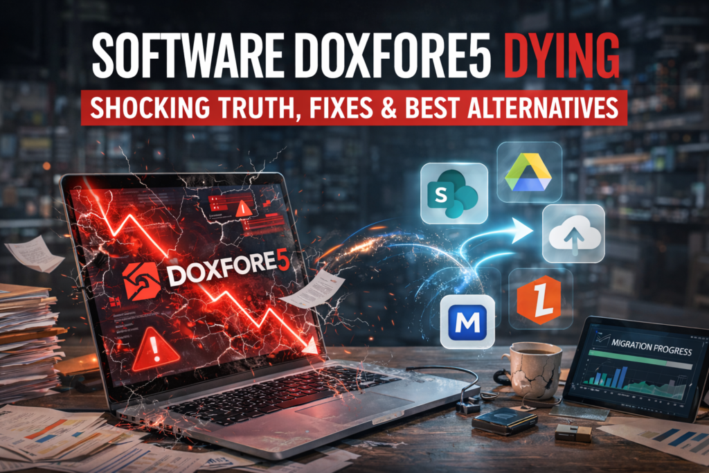 Sofware Doxfore5 Dying concept showing crashing document management software with system errors and businesses switching to modern cloud alternatives.