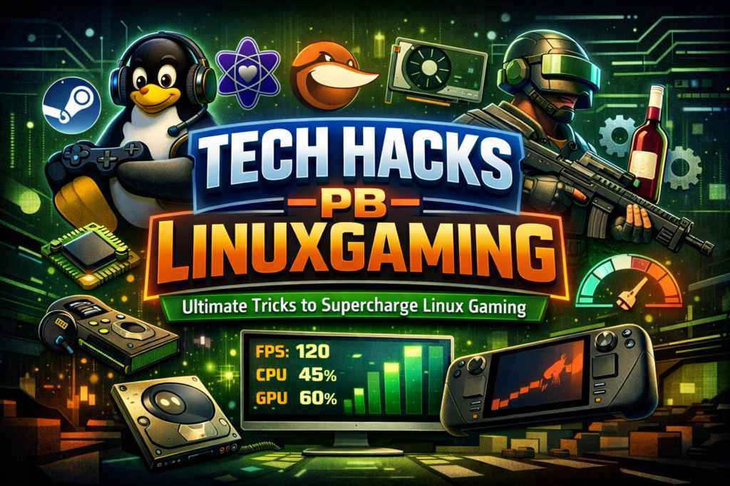 Tech Hacks PBLinuxGaming feature image showing Linux gaming setup with Tux penguin, gaming controller, performance stats, and futuristic gaming graphics.