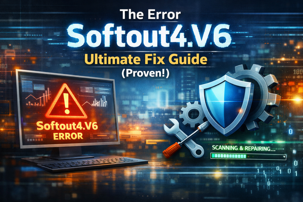 Feature image showing The Error Softout4.V6 on a computer screen with warning icon, repair tools, shield protection symbol, and scanning progress bar in a tech-themed background.