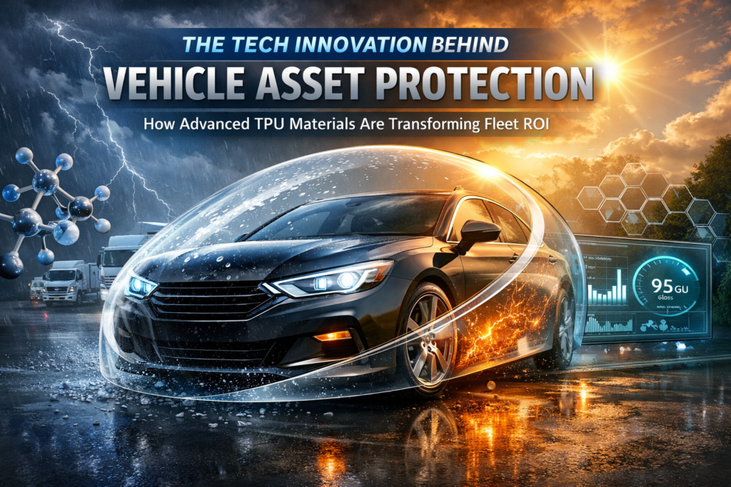Modern car shielded by advanced TPU film illustrating Vehicle Asset Protection, with fleet trucks, molecular structures, and digital performance metrics in the background.
