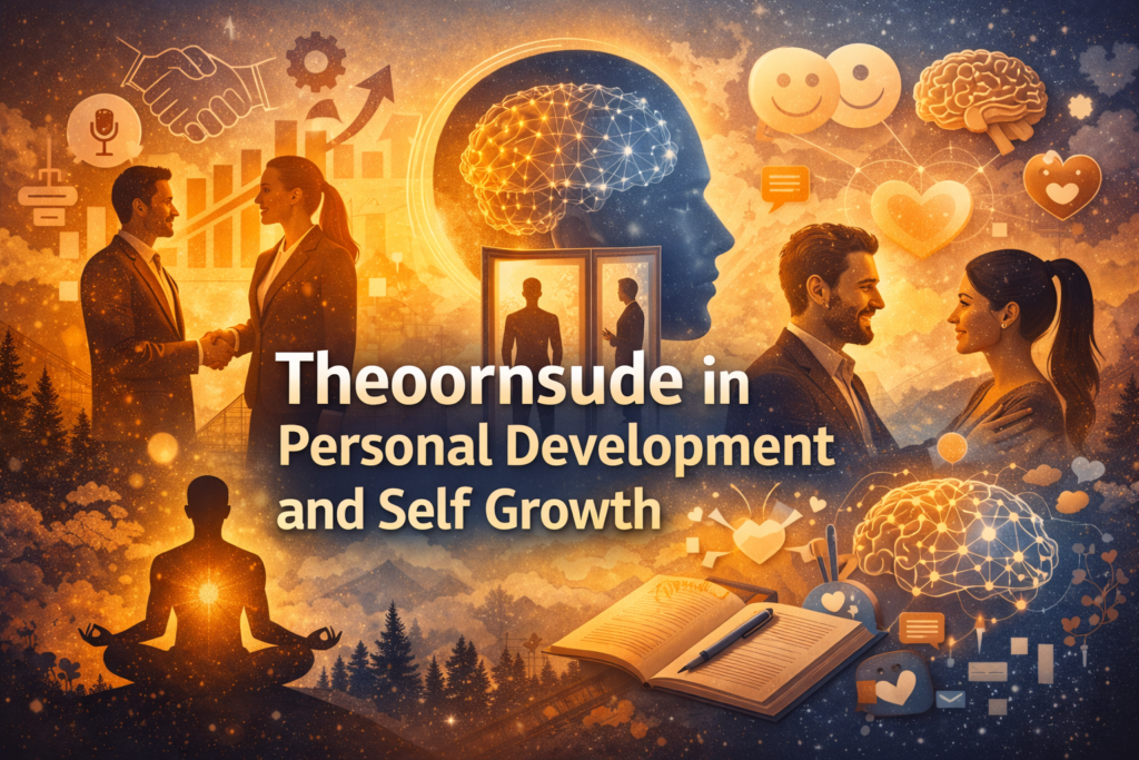 Theoornsude personal development concept illustration showing confidence building, emotional intelligence, self growth, journaling practice, leadership skills, and mindfulness in a 16:9 digital design.