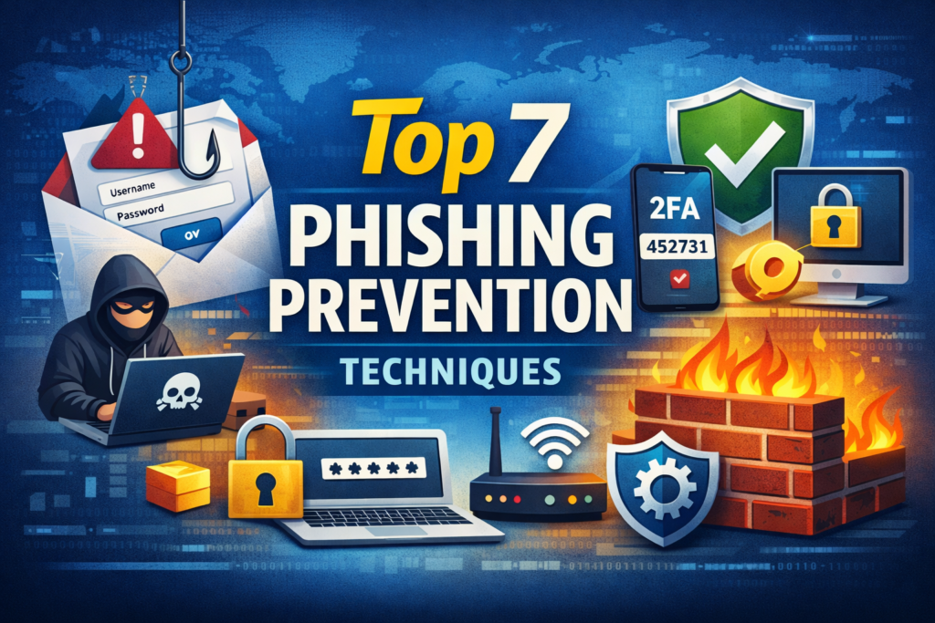 Illustration showing cybersecurity icons, hacker, email phishing hook, and shields representing phishing prevention techniques to protect personal and business data.