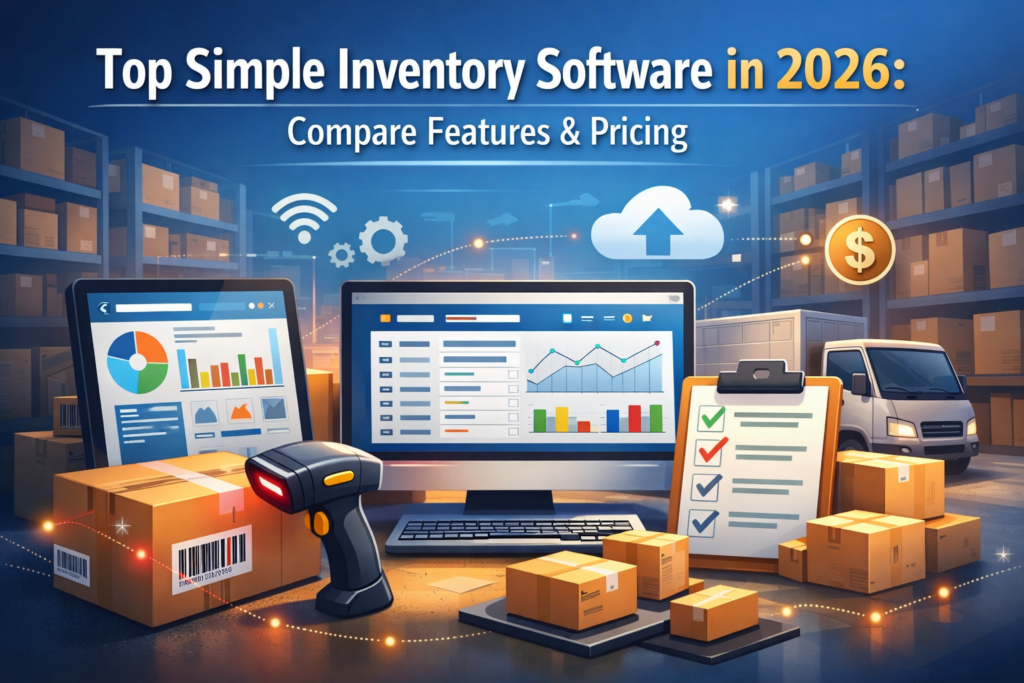 Modern warehouse scene with dashboard, barcode scanner, and cloud system representing Simple Inventory Software in 2026