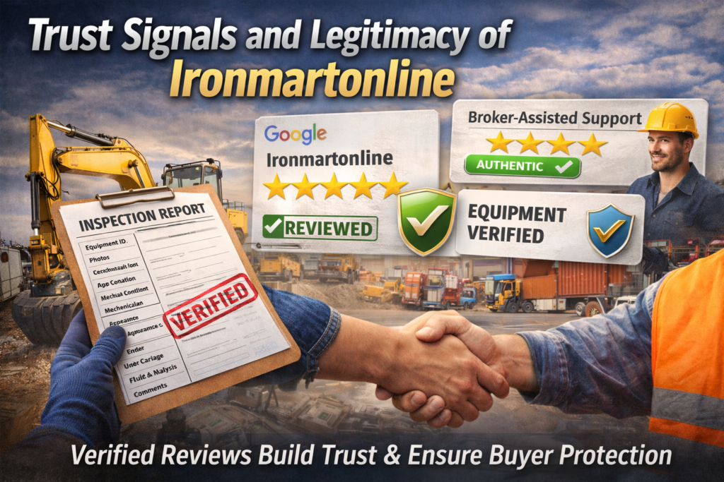Trust Signals and Legitimacy of Ironmartonline: Verified reviews, broker-assisted support, inspection reports, and a handshake illustrating secure and trustworthy heavy machinery transactions.