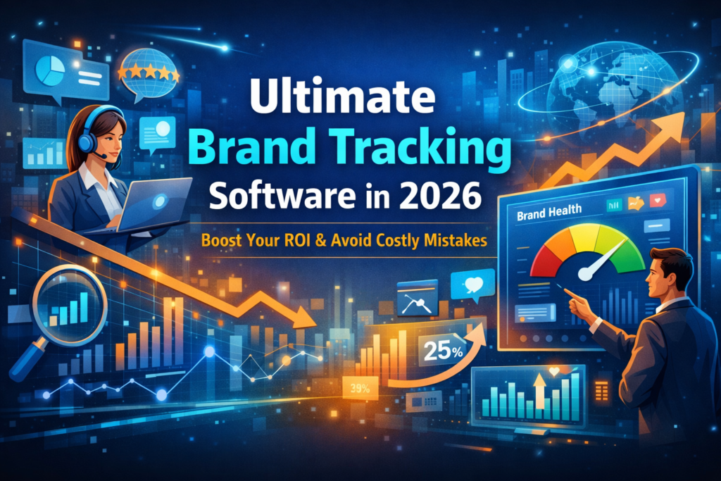 Feature image showing dashboards, analytics charts, and digital marketing insights representing Brand Tracking Software helping businesses monitor brand performance and growth in 2026.