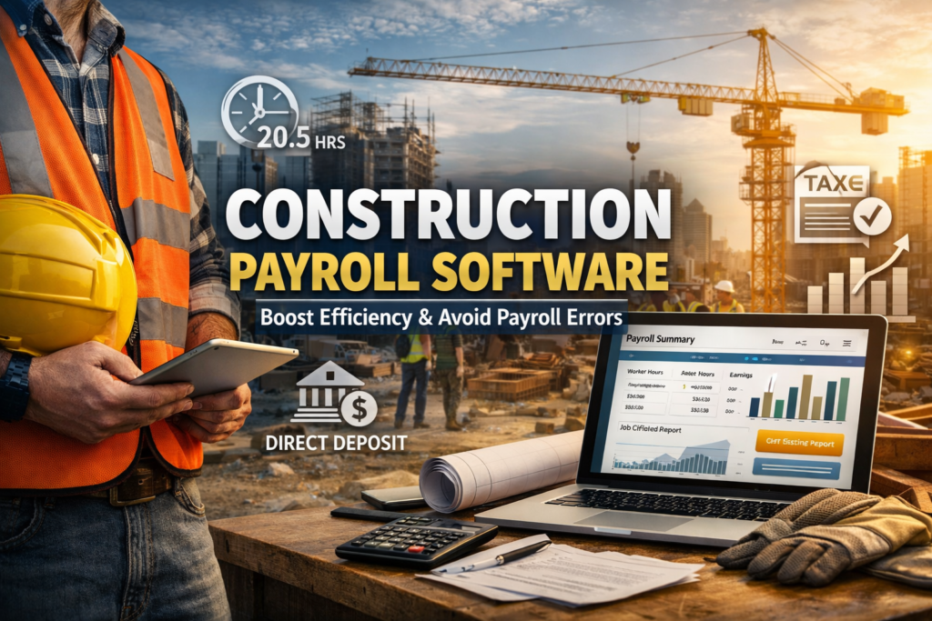 Construction Payroll Software dashboard with construction site background, showing worker using tablet, payroll analytics, direct deposit, and tax compliance features.