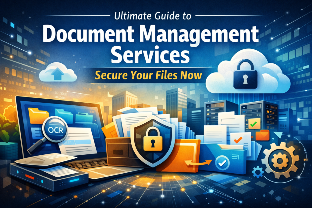 Feature image illustrating Document Management Services with secure cloud storage, digital document workflow, OCR scanning, and team collaboration in a modern office environment.
