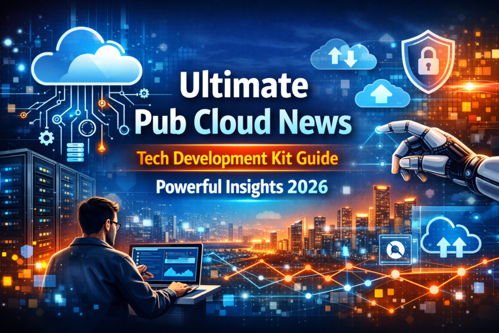 Futuristic cloud computing illustration showing developers, cloud infrastructure, and AI automation representing Pub Cloud News Tech Development Kit innovation and modern cloud technology.