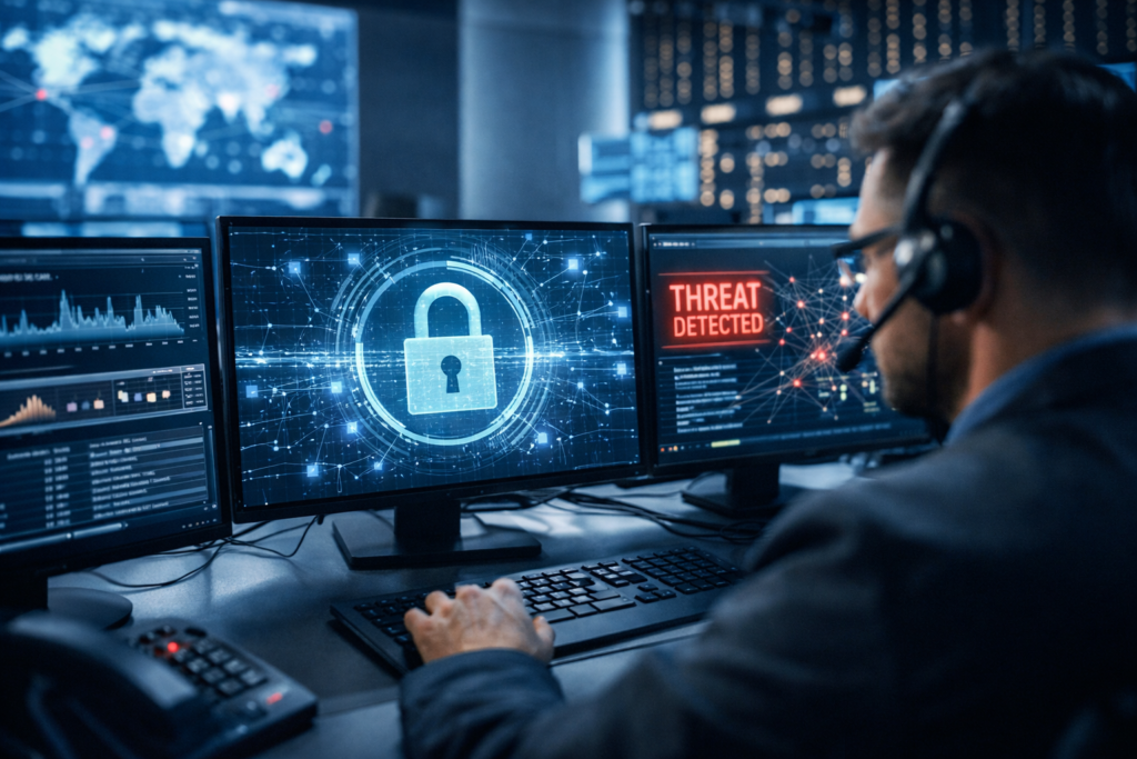 Cybersecurity analyst monitoring network dashboards using Behavioral Analytics to detect unusual activity and respond to cyber threats in real time. 🔐💻📊