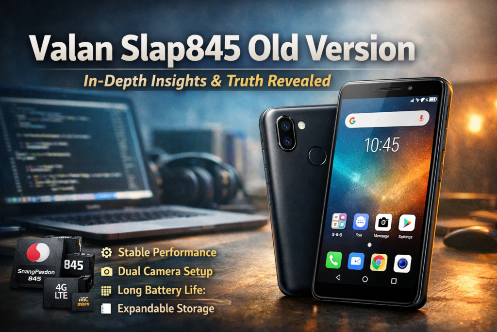 Valan Slap845 Old Version smartphone shown with dual camera, stable performance highlights, and tech setup background in 16:9 feature image.