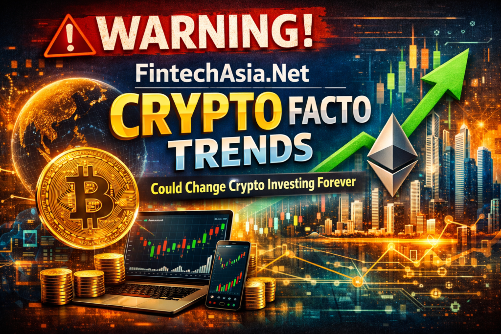 Warning graphic showing rising cryptocurrency charts, Bitcoin and Ethereum symbols with futuristic city background representing FintechAsia .Net Crypto Facto trends and global crypto investment growth.