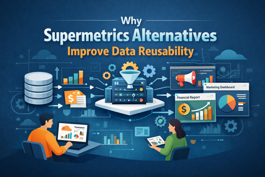Illustration showing analysts using dashboards and data pipelines, highlighting data flow and reuse, representing Supermetrics Alternatives improving data reusability.
