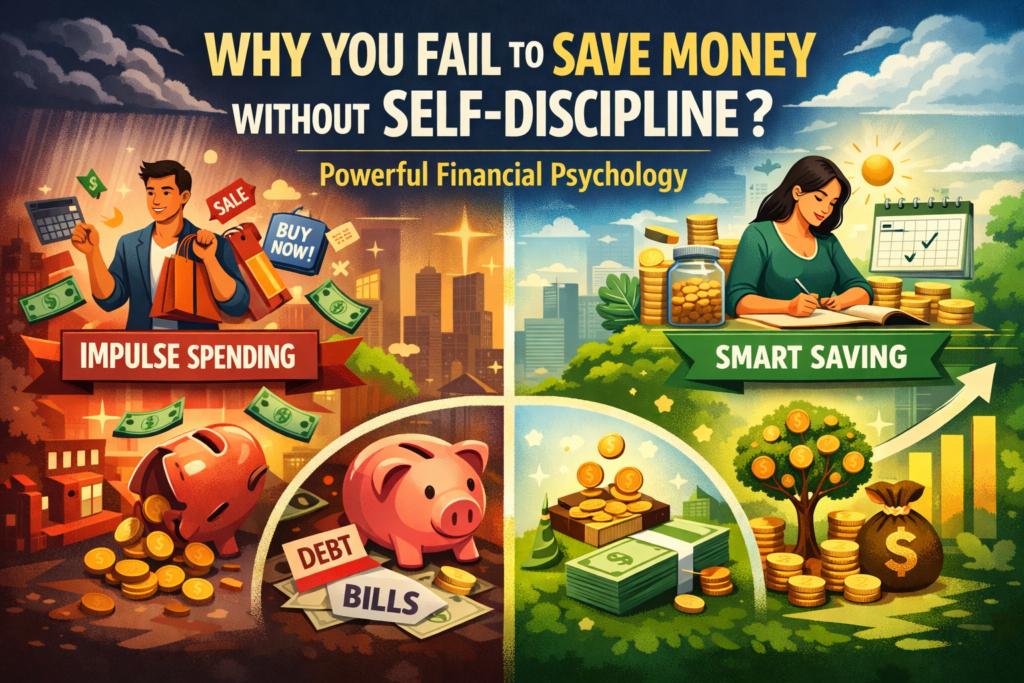 Illustration explaining Why You Fail to Save Money Without Self-Discipline showing impulse spending, debt, and smart saving habits for long-term financial success.