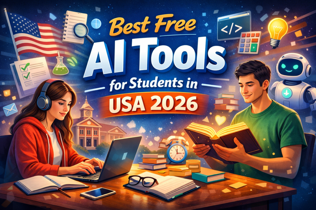 Best free AI tools for students in the USA concept image showing laptop with AI apps for writing, research, and study productivity in 2026
