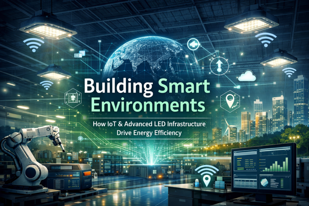Building Smart Environments concept showing IoT-connected LED infrastructure, smart factory automation, and energy-efficient city systems in a futuristic industrial setup