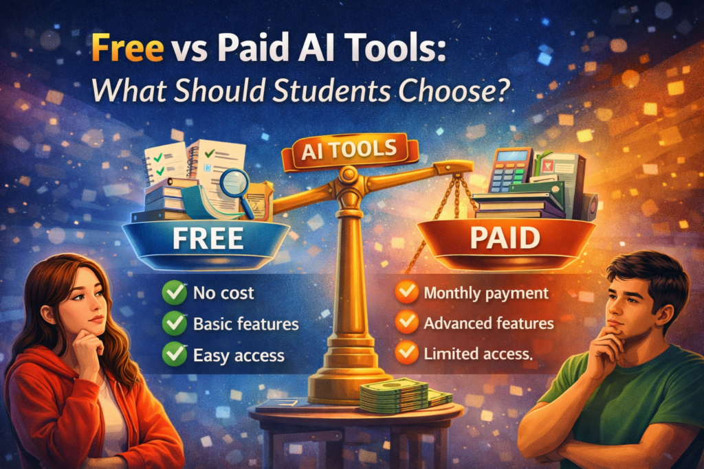 Free vs paid AI tools comparison showing students choosing between basic free features and advanced paid options for study and productivity in the USA