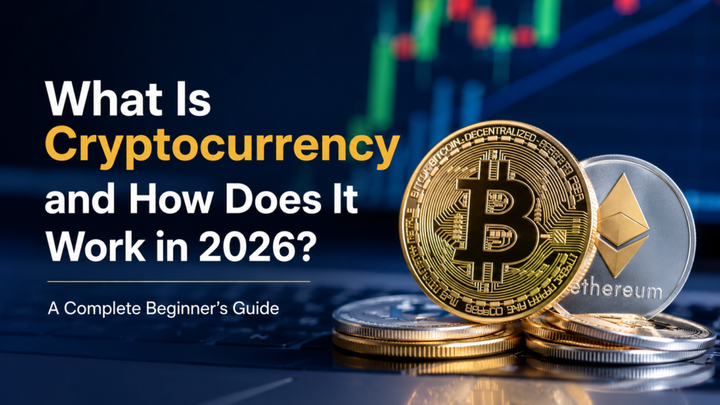 Cryptocurrency guide 2026 feature image showing Bitcoin and Ethereum coins with blockchain charts and market data, explaining how cryptocurrency works for beginners.