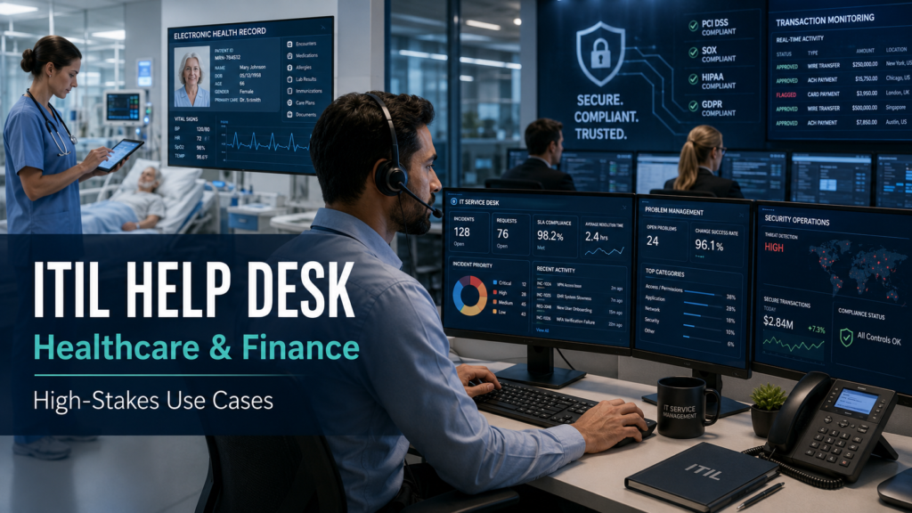 Photorealistic ITIL help desk supporting healthcare and finance systems, featuring hospital staff, service desk analysts, security monitoring, and compliance dashboards.
