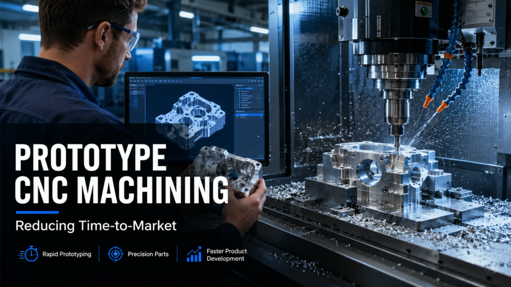 Engineer inspecting a precision metal prototype beside an active CNC machine, illustrating faster product development through prototype CNC machining.