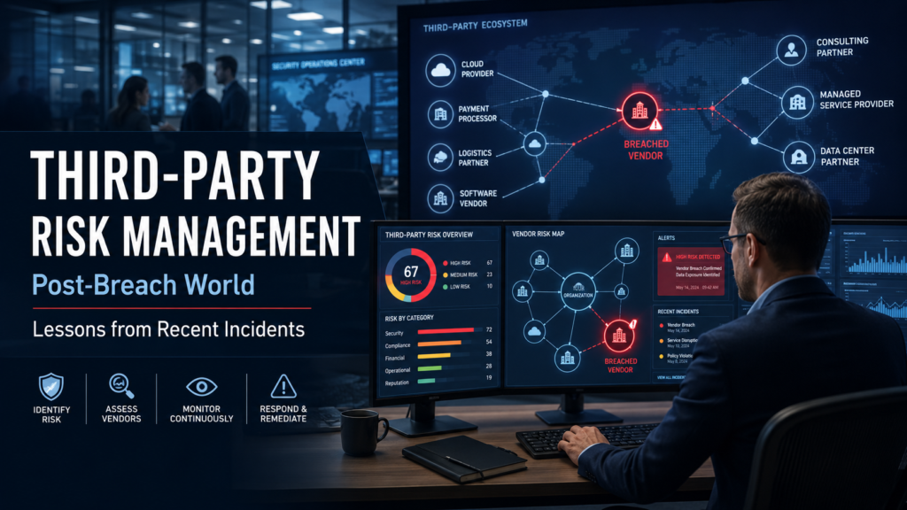Photorealistic third-party risk management dashboard showing a cybersecurity analyst monitoring breached vendor networks, risk alerts, and post-breach incident response workflows.