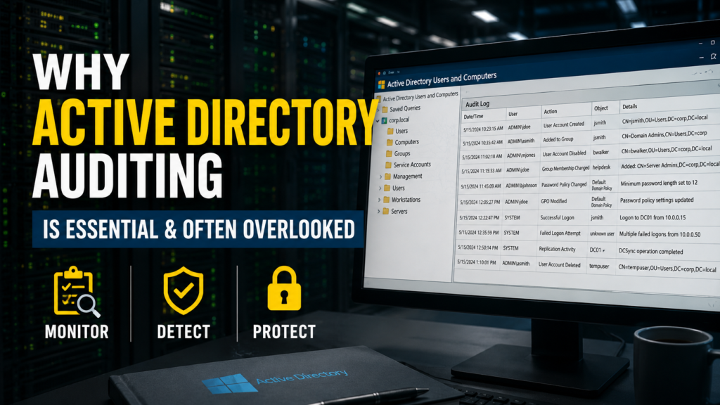 Active Directory auditing dashboard in a secure server room showing account changes, group permissions, login attempts, and security monitoring.