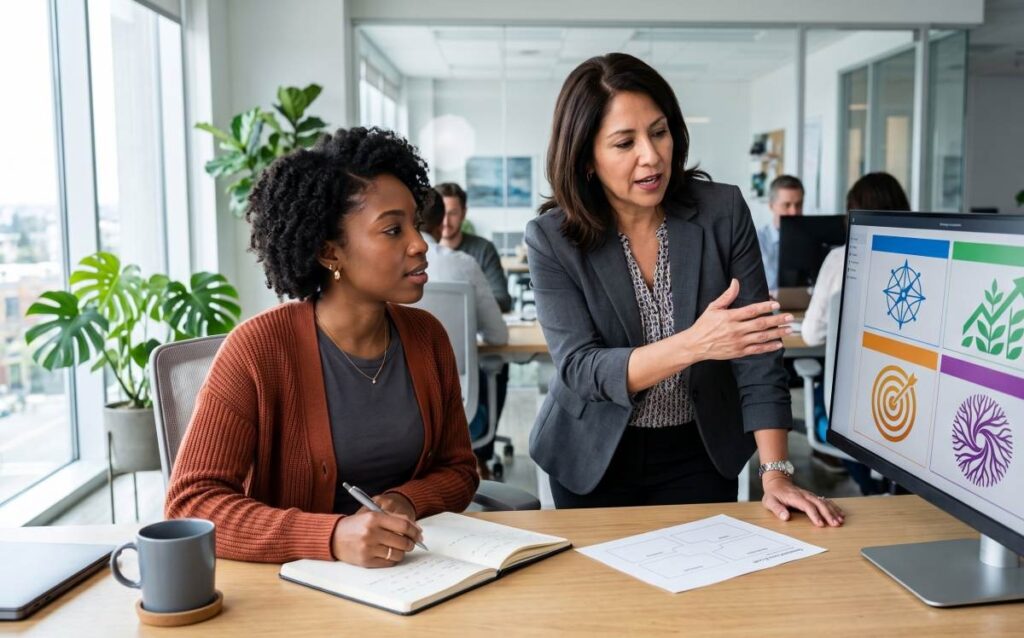 A beginner learning firmographic data for B2B segmentation with a business mentor in a modern office, explaining company data, audience segmentation, and marketing strategy